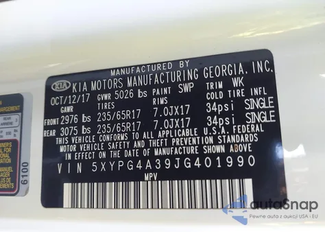 2018 Kia Sorento 2.4L Lx из США, поврежденный, VIN 5XYPG4A39JG401990